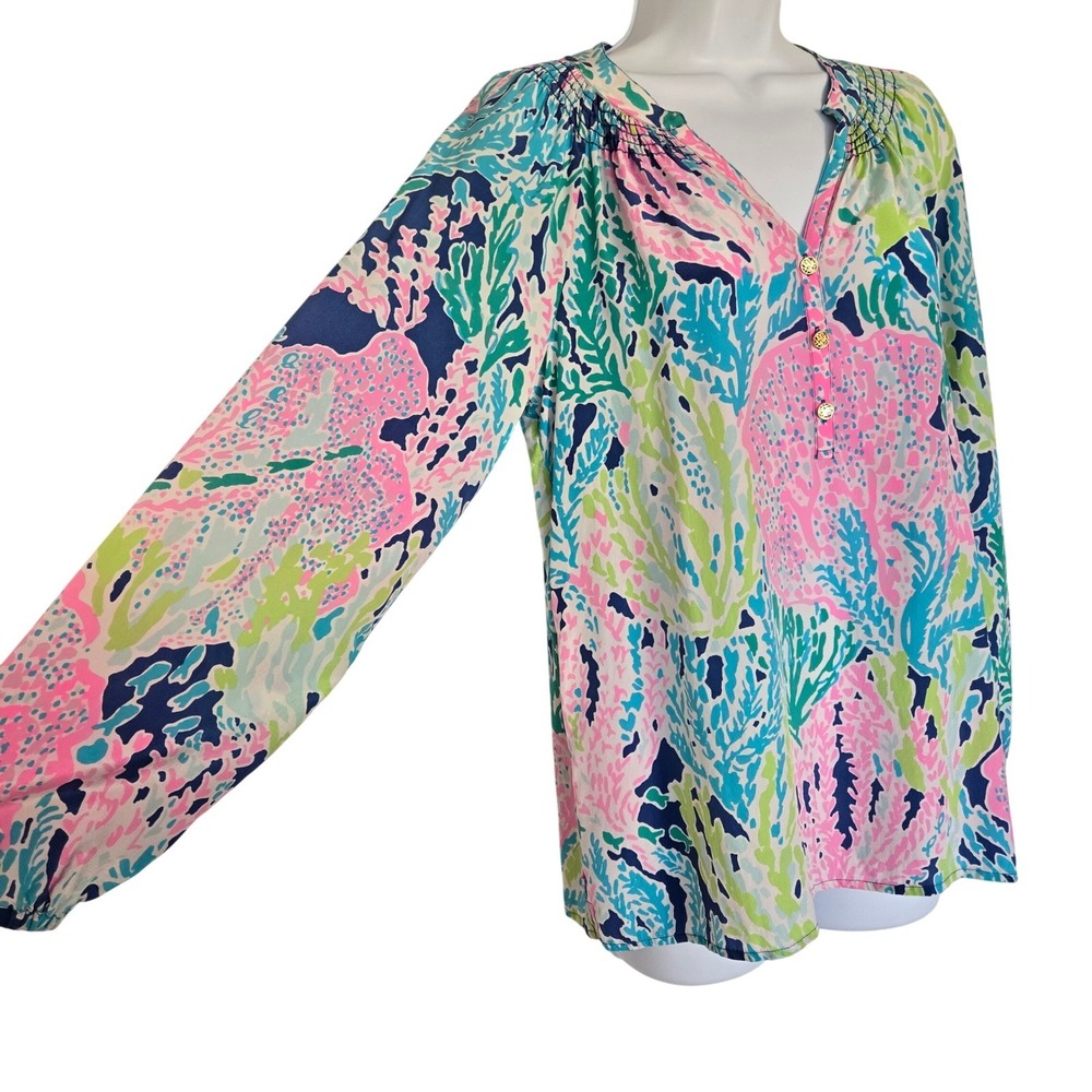 Lilly Pulitzer Pink Blue Coral Print Silk Blouse Sz S Resort Preppy Coastal Chic - Picture 4 of 10